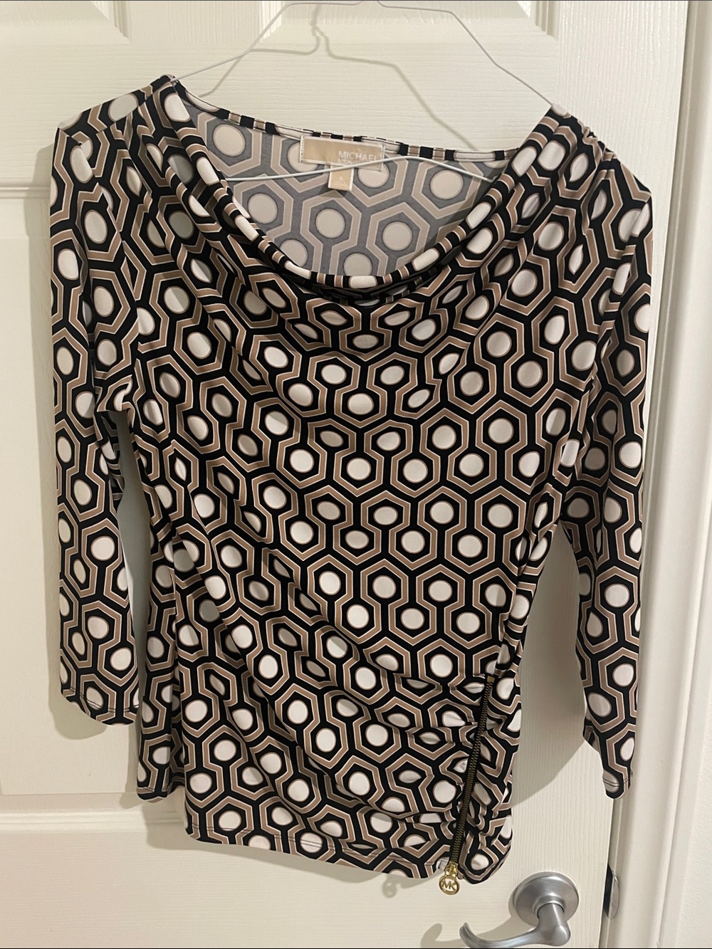 MICHAEL Michael Kors Black and Cream Geometric Cowl Neck Long Sleeve Top